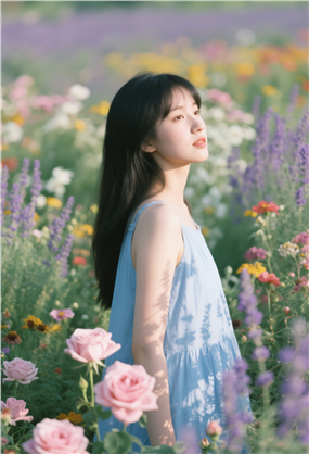 夏日唯美花海清新侧颜美女图片